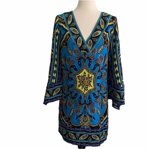 Alice & Trixie Silk Blue Paisley Flowy Tunic Slip Column Dress Bell Sleeves - XS